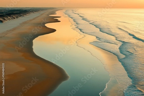 Obraz Golden hour beach sunrise. Serene coastal landscape with calm waves gently lapping the shore.