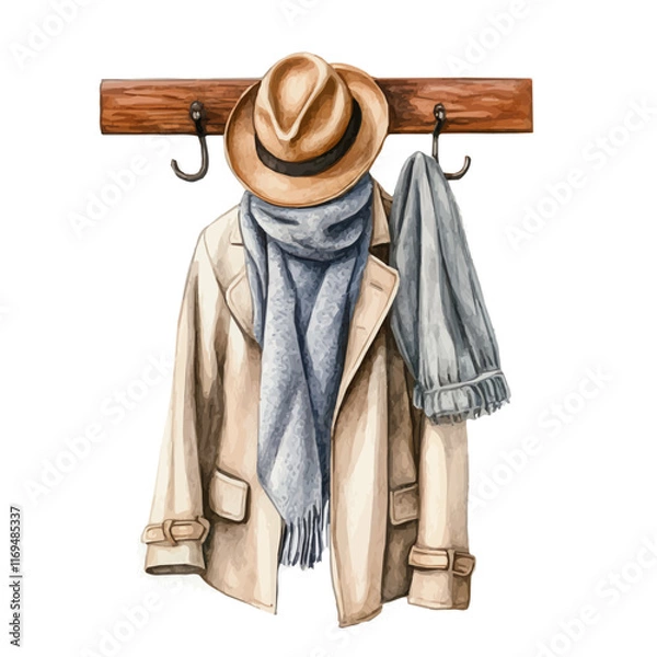 Obraz A watercolor vector painting of a coat rack with a hat and coat, isolated on a white background. Coat rack with hat and coat vector.

