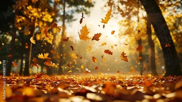 Obraz A golden autumn forest with leaves falling gently to the ground and a carpet of orange and red leaves