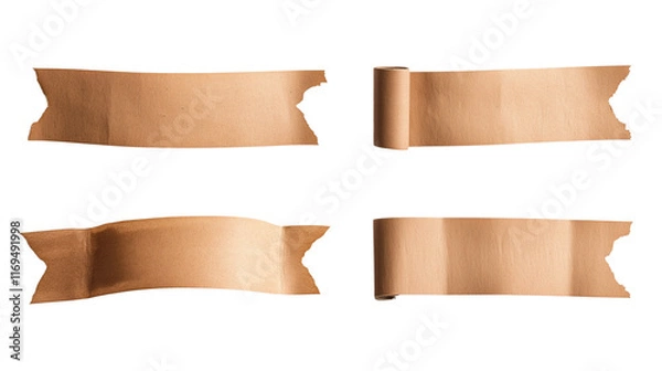 Fototapeta A Set of brown washi tape or craft paper banners on a white background, cutout in a PNG file with, on a Transparent Background  