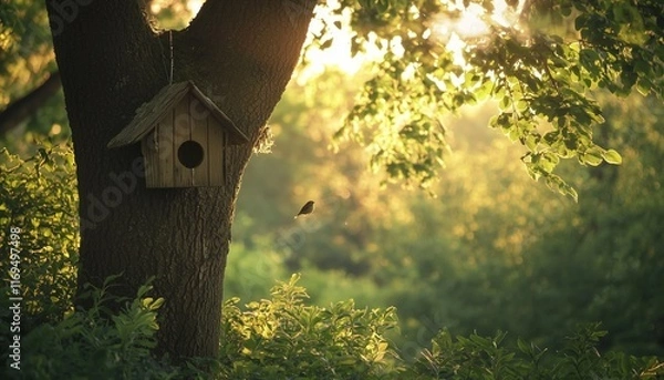 Fototapeta Serene forest scene with a rustic birdhouse hanging from a tall oak tree in soft natural light