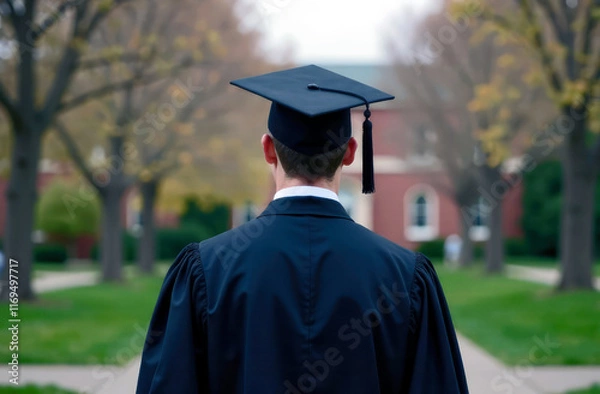 Fototapeta Graduate person on university background. Back view of man in black graduation hat with tassel,robe