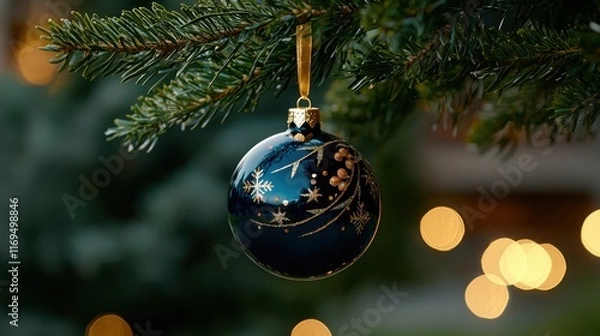 Fototapeta A blue ornament hanging from a tree