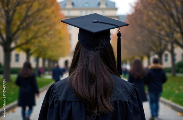 Fototapeta Graduate person on university background. Back view of woman in black graduation hat with tassel,robe