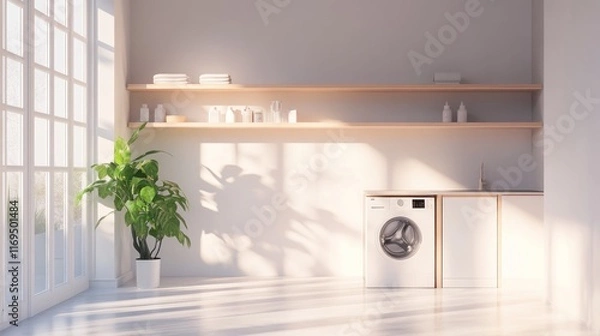 Obraz Bright and airy laundry room with modern appliances, natural light streaming through a large window, and minimalist design.
