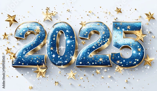 Fototapeta Vector Illustration of "2025" and "HAPPY NEW YEAR" on White Background with Blue Color Scheme and Glittering Stars, High Resolution PNG Logo, Detailed 3D Rendering, High Definition Vector Graphics