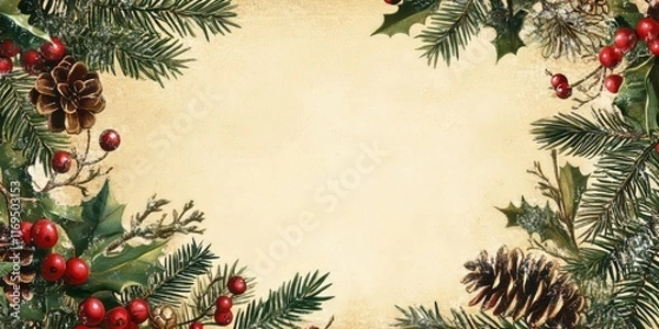 Fototapeta Festive Holiday Border With Pine Cones Berries And Holly