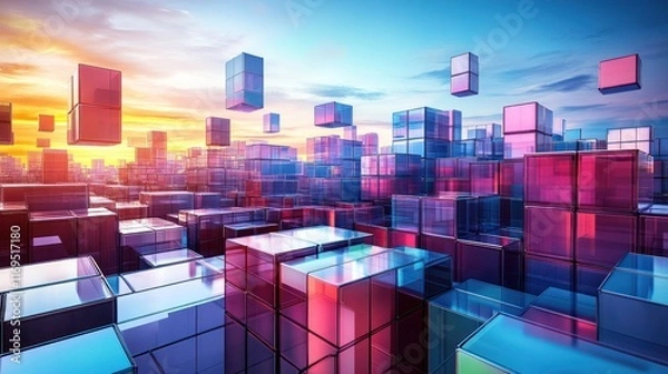 Obraz Sunset over a City of Cubes: A Digital Metropolis at Dusk
