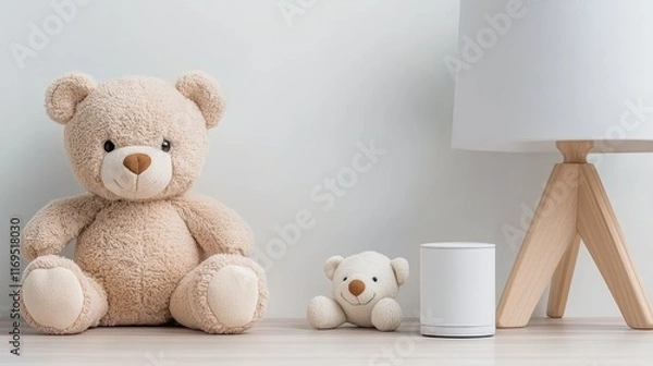 Fototapeta Warm light from a desk lamp creates a cozy atmosphere next to a teddy bear and a baby toy in a child's room
