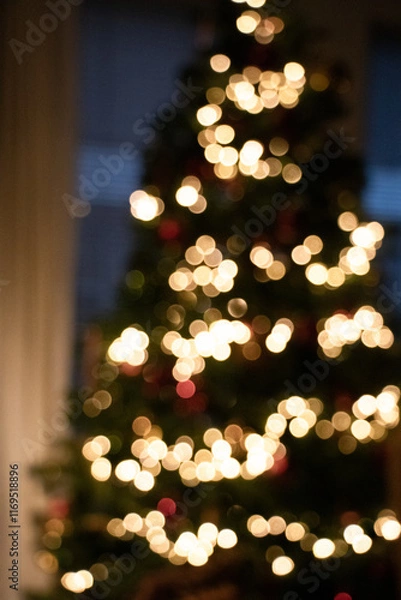 Fototapeta Bokeh Christmas tree, blurry out of focus festive lights.