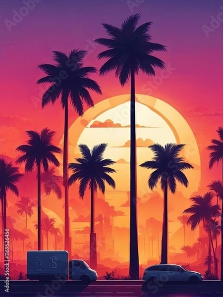 Fototapeta Vibrant sunset along palm-lined street, silhouettes of trees framing picturesque view, warm colors reflecting on cars, perfect for travel and lifestyle themes, evoking relaxation and adventure vibes.