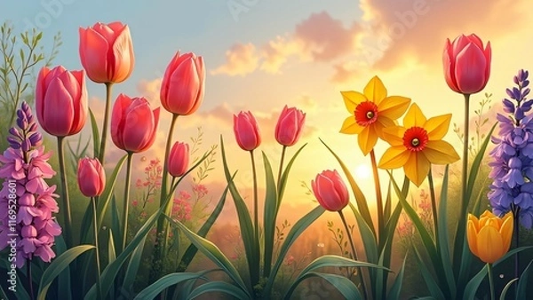Obraz Vibrant Spring Flowers Sunset Meadow Landscape