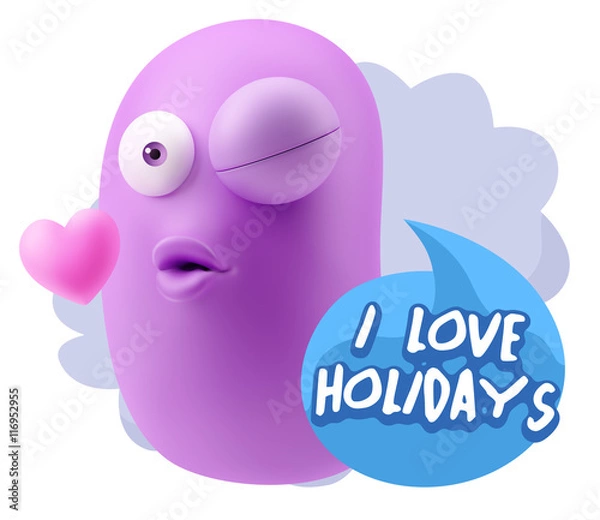 Fototapeta 3d Rendering. Kiss Emoticon Face saying I Love Holidays with Col
