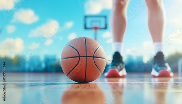 Fototapeta Close-up of a basketball on the court in an outdoor stadium and leg man.