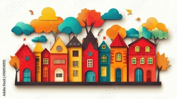 Obraz Colorful urban architecture with trees and clouds in a whimsical style