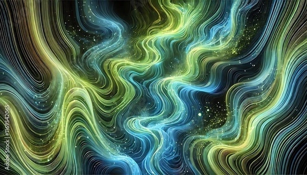 Obraz Fluid, bioluminescent wave patterns in vivid greens and blues with a glowing underwater effect created using generative AI for banners.