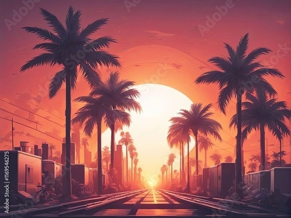 Fototapeta Dramatic sunset illuminating palm trees along busy street, warm tones reflecting on vehicles, ideal for capturing urban lifestyle, travel, and adventure, inspiring wanderlust and exploration.