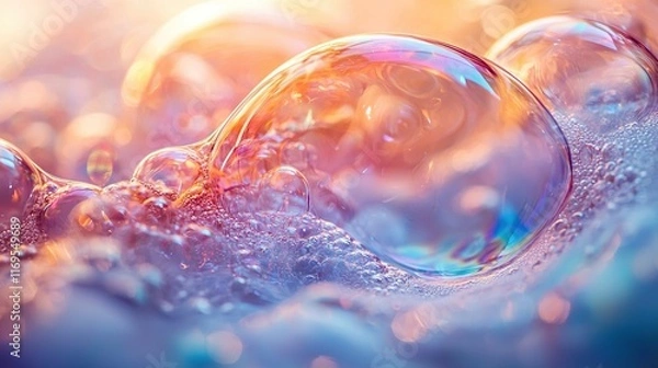 Obraz   Soap bubbles float on blue-pink water; bubbles beneath