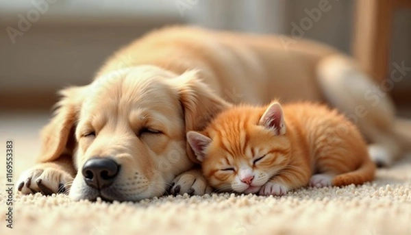 Fototapeta Golden Retriever Puppy and Ginger Kitten Napping Together: A Sweet Display of Inter-species Friendship