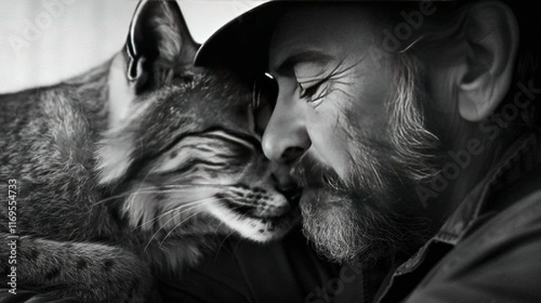 Fototapeta   A monochrome image of a gentleman with facial hair cradling a feline on his lap, with the cat's head atop his shoulder