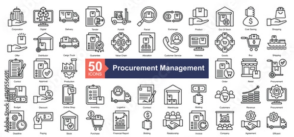 Fototapeta Procurement Management Icon Collection Set.Containing product, shopping, distributor, guarantee, value chain icon. Simple line style Vector Illustration.	
