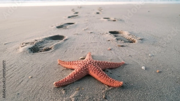 Fototapeta Close-up of red starfish lying on sandy beach with human footprints leading into the ocean during low tide