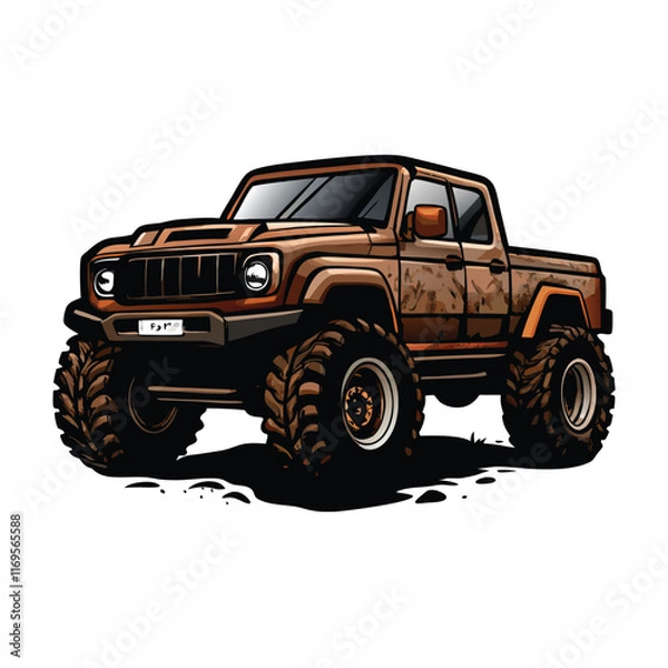 Fototapeta Create a realistic vector design of a rugged off-road pickup truck with large tires and a camouflage pattern.