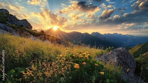 Fototapeta Majestic Mountain Sunset With Wildflowers Blooming
