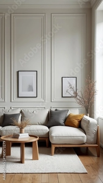Fototapeta Modern beige living room with wooden furniture and neutral decor