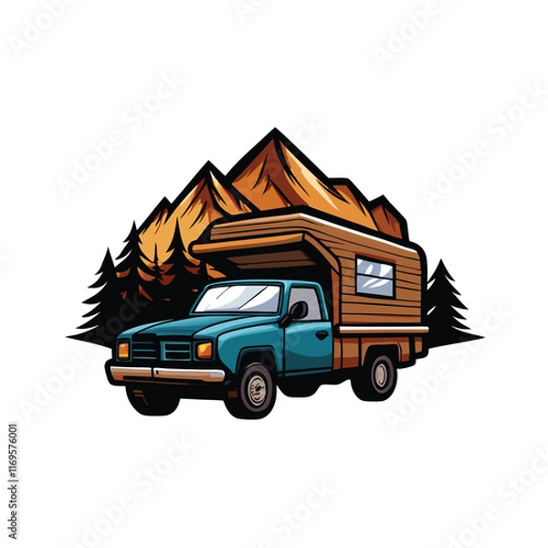 Fototapeta Vector illustration of a blue pickup truck with a wooden camper shell in front of mountains.