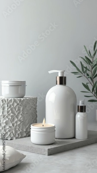 Fototapeta Spa-themed product arrangement with white cosmetic bottles, candle, towel, and olive branch on concrete slab in soft natural light