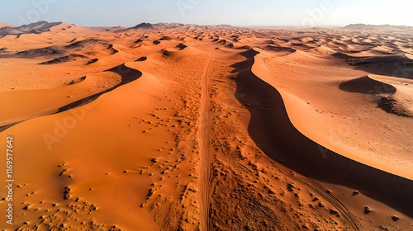 Obraz Aerial view of a desert road cutting through orange sand dunes.