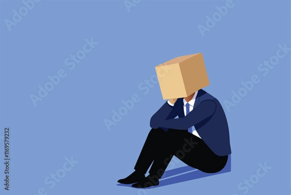 Fototapeta A businessman sits on the floor with a box on his head, depicting failure and disappointment.
