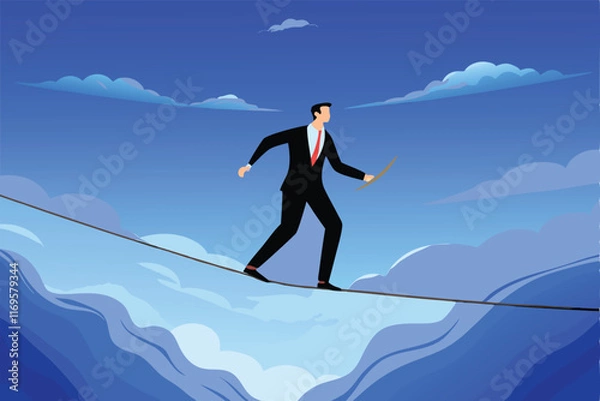 Fototapeta Businessman balancing on a tightrope between two cliffs, representing the challenges of risk management and investment protection.
