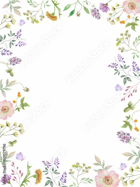 Fototapeta .Waterolor floral frame. Hand drawn illustration isolated on white background. Vector EPS.