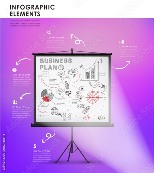 Fototapeta Hand drawn Marketing strategy plan task projection white screen presentation vector illustration infographics elements design