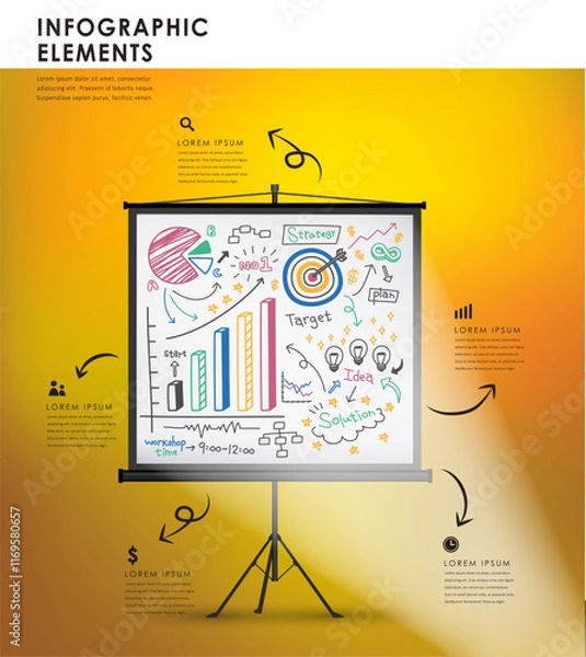 Fototapeta Hand drawn Marketing strategy plan task projection white screen presentation vector illustration infographics elements design