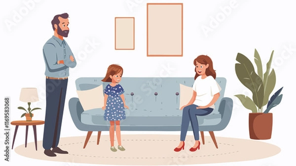 Obraz Happy Little Daughter Standing Opposite Her Smiling Parents Sitting