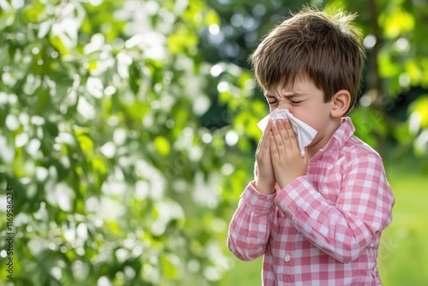 Obraz A young boy sneezing into a handkerchief while standing outdoors,surrounded by greenery, symbolizing allergies or seasonal illness.