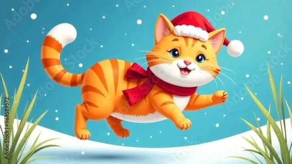 Fototapeta Christmas and New year background with A cartoon cat wearing a Santa hat and a red scarf is jumping in the snow. The cat is smiling and he is having fun