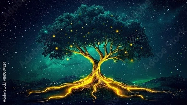 Fototapeta Mystical tree with glowing roots under a starry night sky radiates enchanting light and serenity