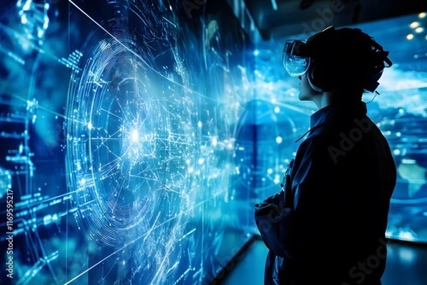 Fototapeta A glowing holographic display of a star chart in a futuristic classroom 