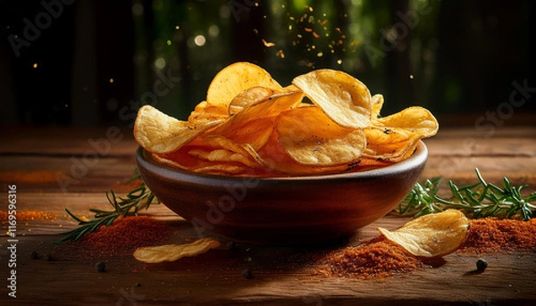 Obraz crunchy golden potato chips stacked in a decorative bowl on a rustic wood desk surrounded via scattered herbs and a sprinkle of paprika
