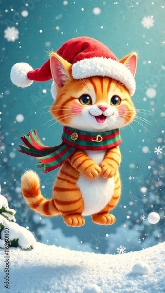 Fototapeta Christmas and New year background with A cat wearing a Santa hat and scarf is standing in the snow. The cat is smiling and he is enjoying the winter weather