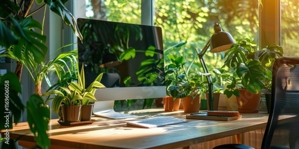 Obraz Eco-Friendly Workspace with Green Plants and Modern Computer Setup. Generative ai.