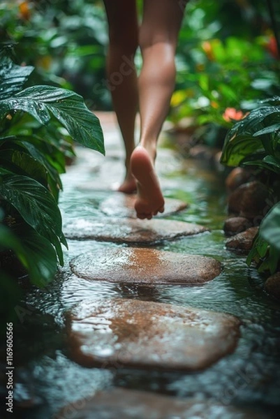 Obraz Walking barefoot on stone pathway through lush tropical garden in serene environment