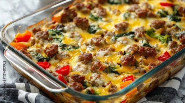 Obraz Delicious baked casserole with sausage, cheese, spinach, and red peppers in glass dish
