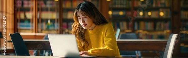 Obraz young woman in cozy yellow sweater typing on laptop in sunlit library interior wooden bookshelves calm atmosphere warm colors copyspace academic research, distance learning, technology solutions