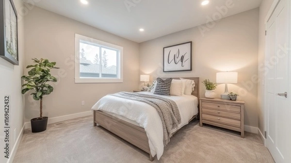 Fototapeta Modern Bedroom Interior Design Featuring A Comfortable Bed