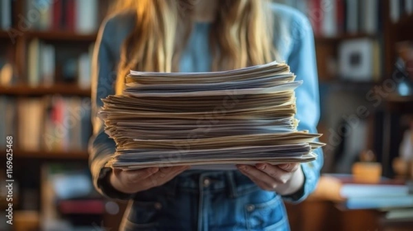 Fototapeta A young woman stands in an office library holding a large stack of neatly organized paperwork, representing work and research in a business or educational setting